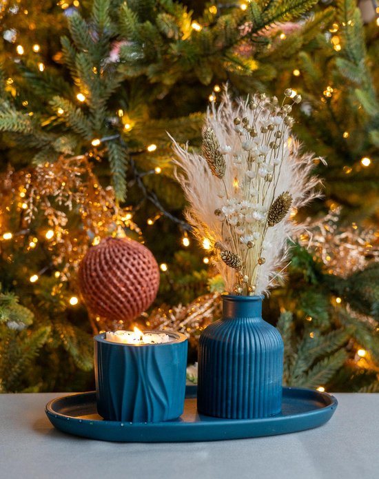 Geschenkset ovalen schotel met kaars en vaasje met droogbloemen - Handgemaakt van Duurzaam Jesmonite met Sojawaskaars, Glittereffect en Decoratieve Bloempjes – Decoratie voor Huis, Cadeau, Kerst, Oudjaar, Nieuwjaar - Neon Geel