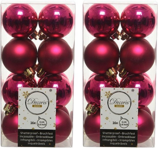 Decoris kleine kerstballen - 32x st - bessen roze - 4 cm - kunststof - kerstversiering