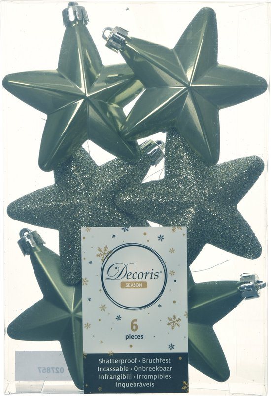 Decoris kersthanger sterren - 6x st - mosgroen - 7 cm - kunststof - kerstornamenten - kerstversiering