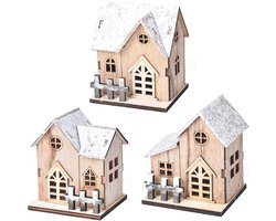 Houten Kerstdorp Sets met LED Verlichting, 3 Delige Miniatuur Kerstscene