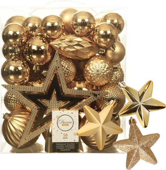 Kerstballen, kerstornamenten en piek - 56x stuks - goud - kunststof