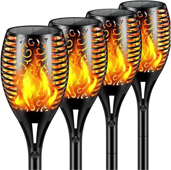 PyroProducts Tuinverlichting op Zonne Energie - 4 Tuinfakkels 56,5 cm - Vlameffect - Waterbestendig