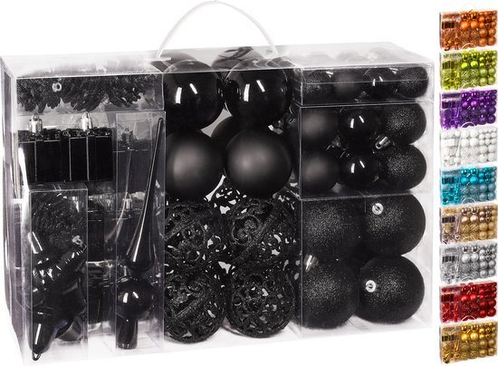 BRUBAKER Kerstballen - Set met Dennenappels, Kerstklokken, Geschenken, Kerstboompiek - Kerstboomversiering - 101 delen - Zwart