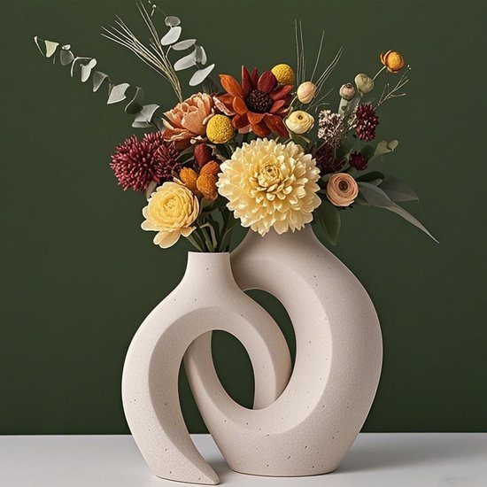 CHIWIN Vaas Keramiek - Set van 2 - Mattes Keramiek Vazen - Met Gaten - Modern Design - Handgemaakt Keramiek - Boho Home Decor - Beige