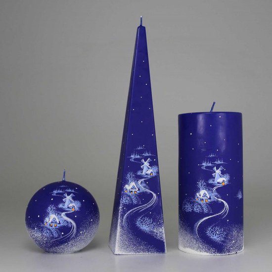 Kerst Kaarsen Set Handgeschilderd - Winters landschap - Blauw/Wit - kerst - kerstverlichting