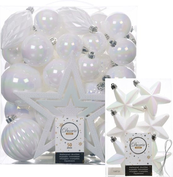 Kerstballen, kerstornamenten en piek - 56x stuks - parelmoer wit - kunststof