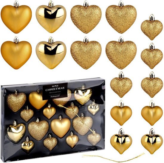 Kerstballen Set Onbreekbaar Hartjes Gouden 6,5/4,5 cm 16 stuks - Kerstdecoratie