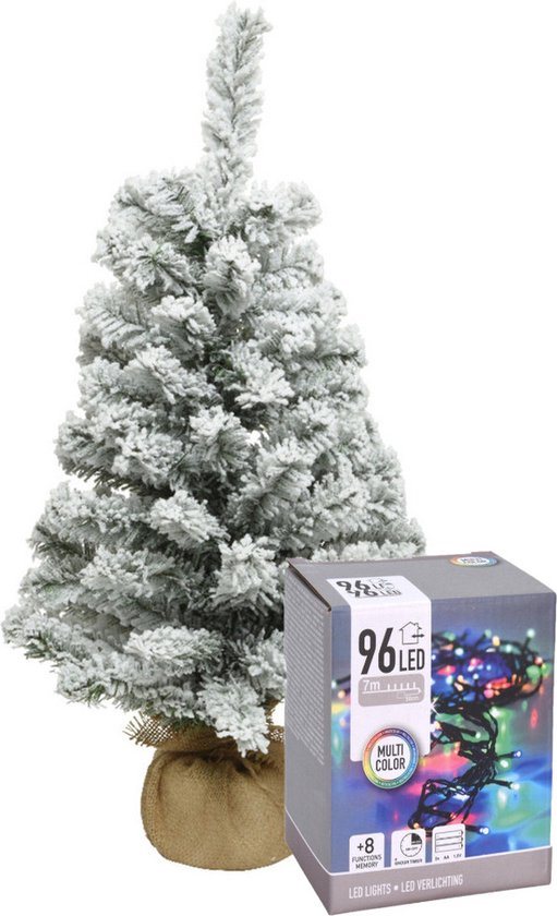 Everlands Mini kerstboom - 60 cm - met sneeuw - en kerstverlichting gekleurd