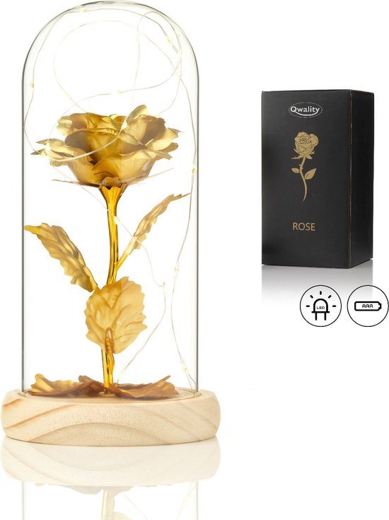 Luxe Roos in Glas met LED – Gouden Roos in Glazen Stolp – Moederdag - Cadeau voor vriendin moeder haar - Goud met Blaadjes - Lichte Voet – Qwality