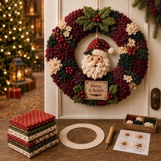 3D Stoffen Kerstkrans DIY Pakket - Complete Set met Alle Benodigdheden - Stijlvolle Wanddecoratie voor de Feestdagen - Creatief & Ontspannend Knutselproject - Incl Instructies - Maak Uw Eigen Unieke Kerstkrans - Stijl A