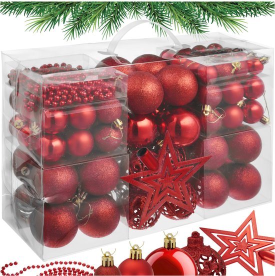 tectake® Set van 84 Kerstballen, 1 Parelsnoer en Kerstster Piek - Mat, Glanzend en Glinsterend Oppervlak - Kerstballen van Robuust Plastic - Kerstversiering met Opbergbox - Kerstboomversiering in Verschillende Maten - Rood