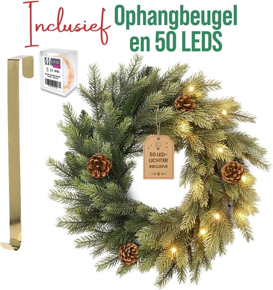 Meisterhome® Kerstkrans 50 cm – Inclusief 50 LED Lampjes – Elegante Gouden Ophangbeugel – Geschikt voor Binnen & Buiten - Kerst krans