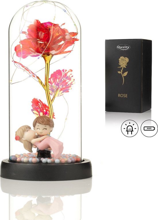 Luxe Roos in Glas met LED – Gouden Roos in Glazen Stolp – Moederdag - Cadeau voor vriendin moeder haar - Stelletje – Qwality