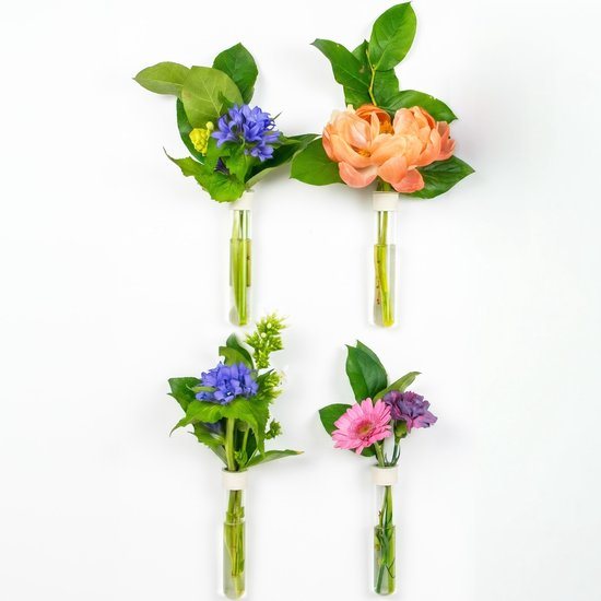 TWILG - Magnetische Muurvaasjes - 4 Stuks - Stek vaasjes - Glas - Wit leer - Moederdag - Stekjes - Moderne vaas - Stekstation - Wandvaas - Droogbloemen - Reageerbuisjes