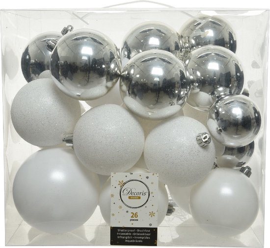 Decoris Kerstballen - 26x st - wit en zilver - 6-8-10 cm - kunststof - kerstversiering