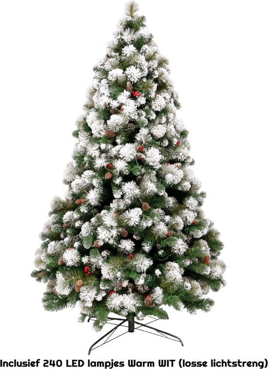 Premfy Deluxe LED Kunstkerstboom 180 cm Snowy - Met sneeuw en Echte Dennenappels - Mooi volle Kerstboom - 1200 PVC & PE Takken - Versierd met Rode besjes - Decoratie - Premium - 5 Jaar garantie - Inclusief 240 LED lampjes Warm (losse lichtstreng)