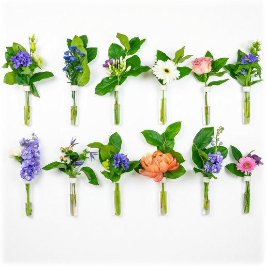 TWILG - Magnetische Muurvaasjes - 12 Stuks - Stek vaasjes - Glas - Wit leer - Moederdag - Stekjes - Moderne vaas - Stekstation - Wandvaas - Droogbloemen - Reageerbuisjes