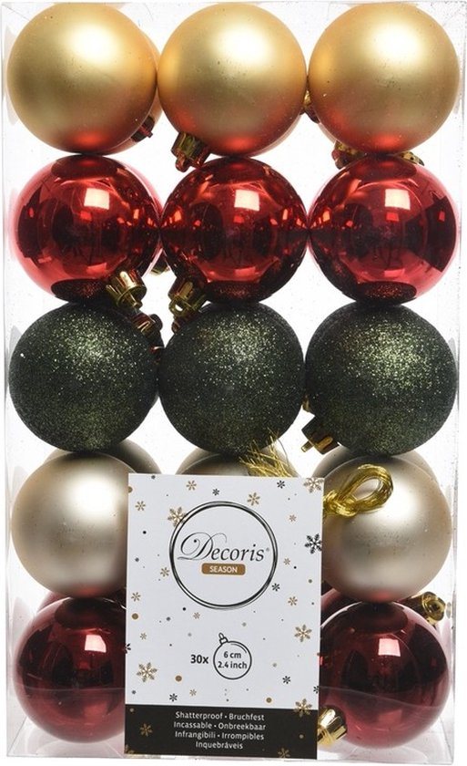 Decoris kerstballen - 30x st - rood/groen/goud - D6 cm - kunststof - kerstversiering
