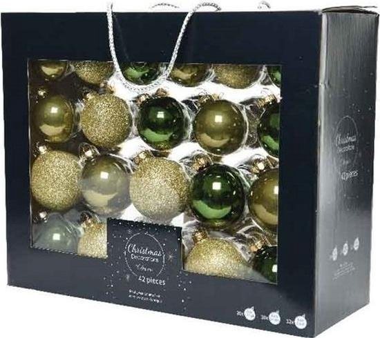 42x Mosgroene/donkergroene/gouden glazen kerstballen 5-6-7 cm - Glans/mat/glitter - Kerstboomversiering