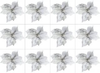 12 stuks - 21 cm - Kerstboom Bloemen - kerstboom decoratie - kerstbloemen - Kunstbloemen - plastic - wit - met clips - voor kerstboom, winter feest, bruiloft, nieuwjaar decoratie