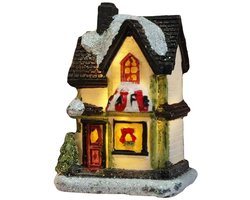 Verlicht kerstdorphuisje - 4×6.5×9cm - polyresin miniatuur met warm licht - met meegeleverde batterij - sfeervolle kerstdorp decoratie voor tafel of vensterbank