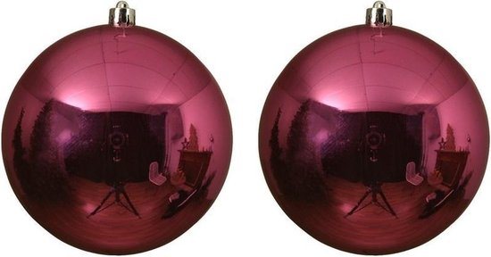 2x Grote fuchsia roze kunststof kerstballen van 14 cm - glans - fuchsia roze kerstboom versiering
