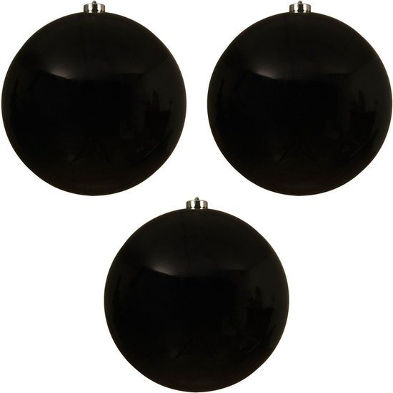 Decoris Kerstbal - 3x - zwart - groot - 20 cm - kunststof - glans - kerstversiering