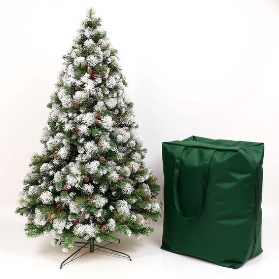 Premfy Deluxe Kunstkerstboom 180 cm - Met sneeuw - Rode besjes en Echte Dennenappels - Mooi volle Kerstboom - 1200 PVC & PE Takken - Mooi Versierd - Decoratie - Inclusief luxe Opbergtas - Premium - 5 Jaar garantie