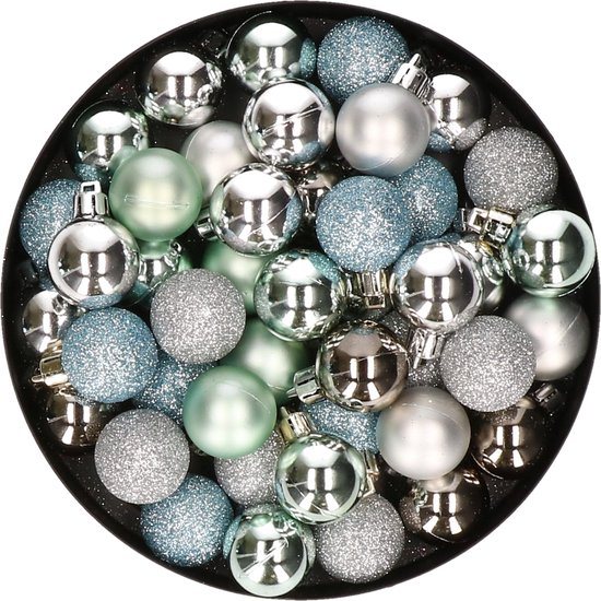 Kerstballen mix - Set van 40x stuks - kunststof - mintgroen en zilver - Dia 3 cm - Kerstversiering - kleine balletjes voor mini boompjes