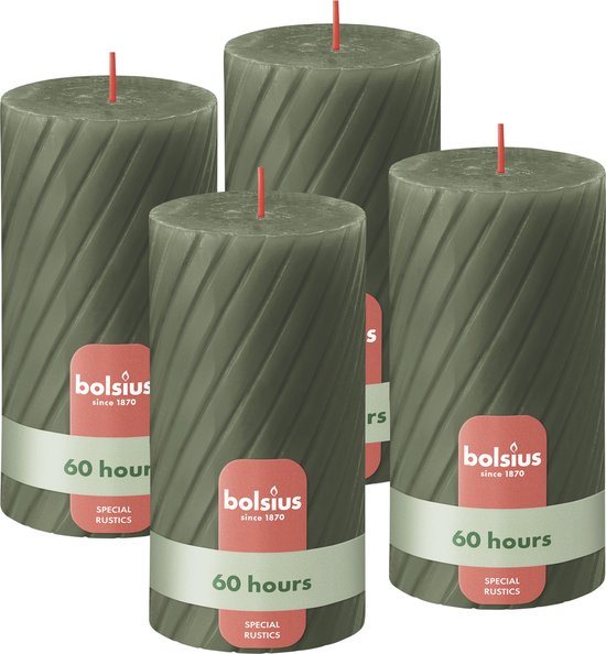 Bolsius - Rustieke Kaars - Gedraaid Patroon - 4 stuks - Groen - 60 branduren - 13 cm