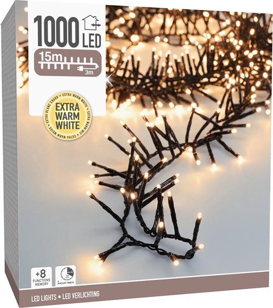 Maxi Cluster Kerstverlichting - 1000 led - 15m - extra warm wit - Timer - Lichtfuncties- Buiten-Binnen- Geheugen