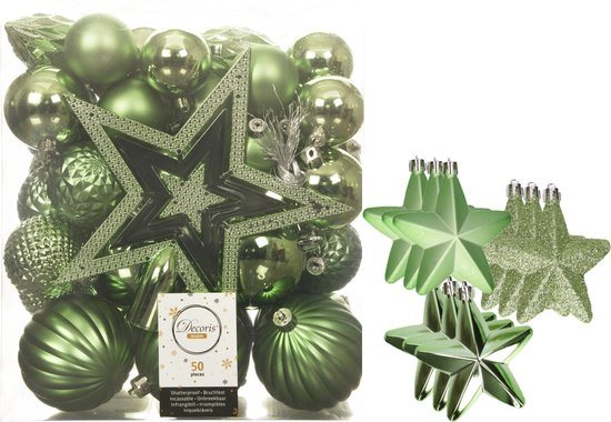 Kerstballen, kerstornamenten en piek - 56x stuks - groen - kunststof