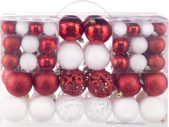 Livano Kerstballen - Kerstversiering - Plastic - Rood+Wit - Kerstballenset - 100 stuks