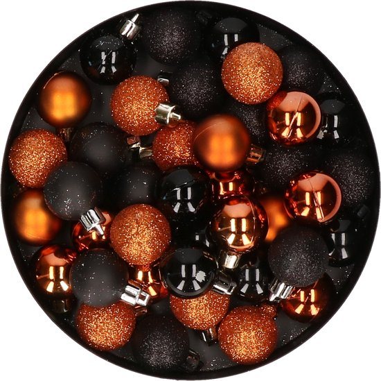 Kerstballen mix - Set van 40x stuks - kunststof - zwart en oranje - Dia 3 cm - Kerstversiering - kleine balletjes voor mini boompjes