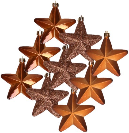 Decoris kersthanger sterren - 12x st - kaneel bruin - 7 cm - kunststof - kerstornamenten - kerstversiering