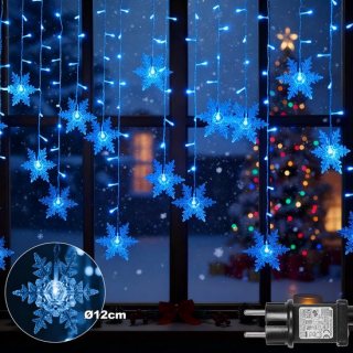 MUPOO Sneeuwvlokken Kerstverlichting Lichtgordijn - 16 sneeuwvlok LED’s Ø12cm - Ijspegel gordijnverlichting 1,8 Meter - Lichtslinger Kerst - met 8 Modi - Timer - voor Balkon Tuin - Blauw - Raamdecoratie