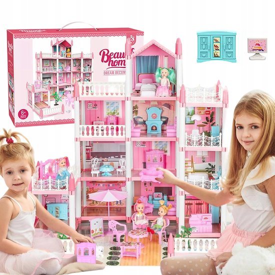 Poppenhuis Prinsessenkasteel - Speelgoed Kasteel - Bouwset - Interactief Speelgoed - 4 Verdiepingen - 11 Kamers & 4 Poppen & Huisdier - DIY - Vrij Indelen & Rollenspel - met Meubels en Accessoires - Voor Meisjes 6-9 Jaar - Ouder-kind Spel