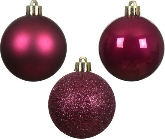 Decoris Mini kerstballen - 14x st - donkerroze - D3 cm - kunststof - kerstversiering