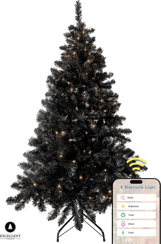 Excellent Trees® Stavanger Black 180 cm Zwarte Kerstboom met Verlichting 350 LED Lampjes ⌀110cm - 180cm