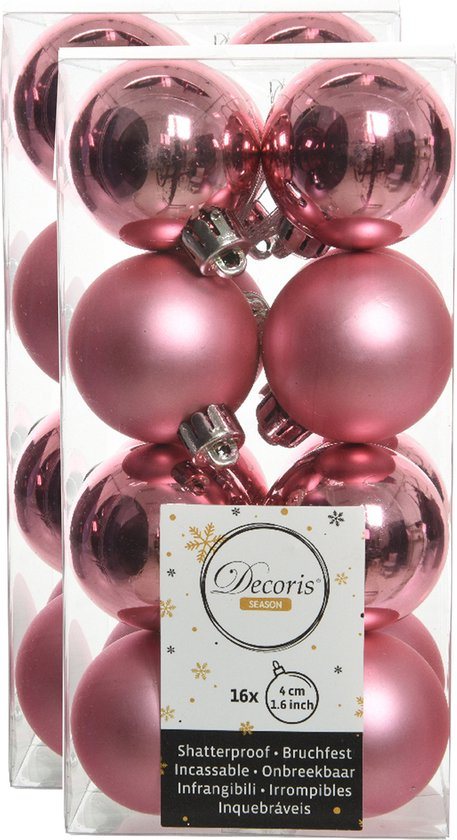 Decoris kleine kerstballen - 32x st - lippenstift roze - 4 cm - kunststof - kerstversiering