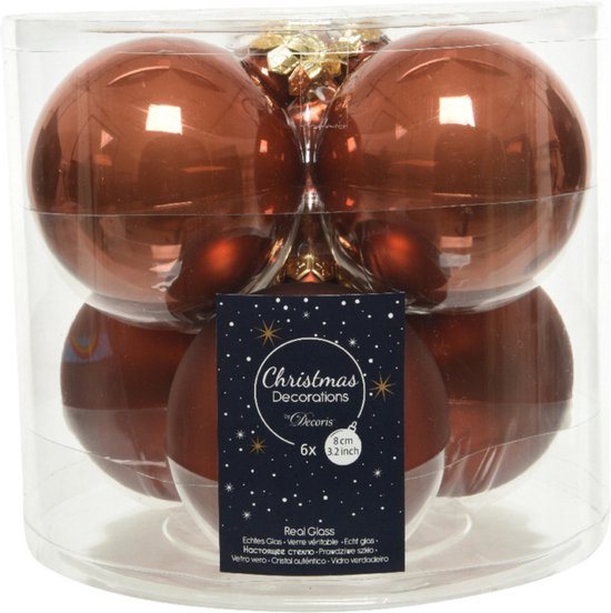 6x stuks kerstballen terra bruin van glas 8 cm - mat en glans - Kerstversiering/boomversiering