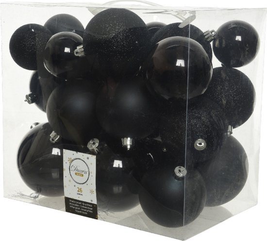 Decoris Kerstballen - 26x st - zwart - 6-8-10 cm - kunststof - kerstversiering