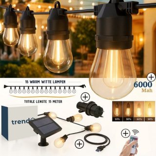 Solar tuinverlichting - Tuinverlichting - Tuinverlichting op zonneenergie - Buitenverlichting - Lichtsnoer buiten - Lichtslinger- Weersbestendig - 4 lichtinstellingen - Zonne-energie + adapter oplaadmogelijkheid -15 lampjes - 15 m - Zwart