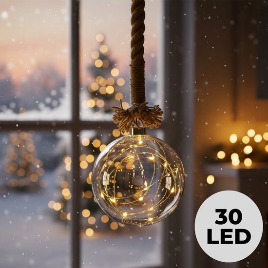 Lomera Glazen Kerstbal met Led's - Jute Touw - 30 Led's - 15 CM Diameter - Warm Wit Licht - Kerstverlichting - Kerstdecoratie - Landelijk Interieur - Trendy Industrieel - 100 CM Jute Touw - Binnen