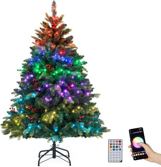 COSTWAY Kunstkerstboom met verlichting en afstandsbediening, 150 cm, dennenboom met 250 app-gestuurde meerkleurige RGB-lampen, PE- en PVC-takken, kerstboom, kunstboom, kerstkunstboom, groen