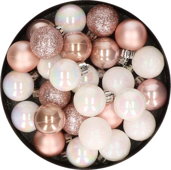 Decoris Mini kerstballen - 28x - parelmoer wit en lichtroze - D3cm - kunststof - kleine onbreekbare kerstballetjes