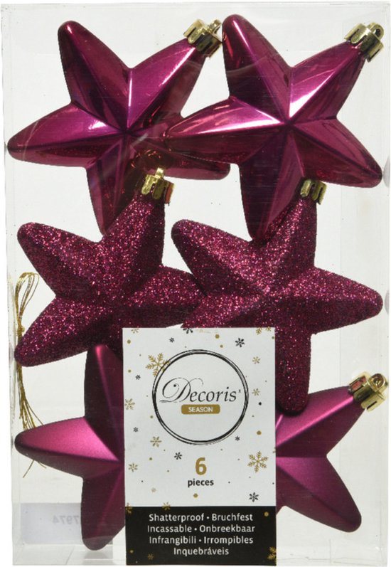 Decoris kersthanger sterren - 6x st - framboos roze - 7 cm - kunststof - kerstornamenten - kerstversiering