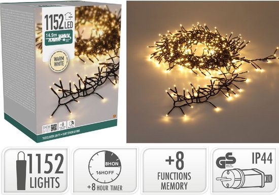 Treecluster Kerstboomverlichting -1152 LED Warm Wit - 1490 cm -Timer -8 Lichtstanden -Binnen Buiten