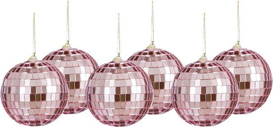 House of Seasons Discobal kerstballen - 6x st- roze - 8 cm - foam - spiegelbol