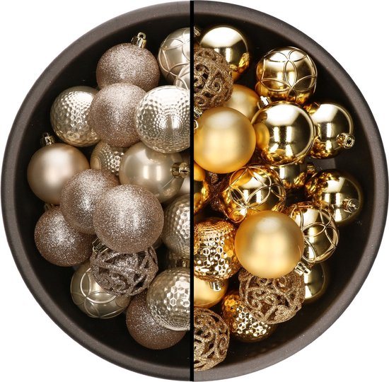 Bellatio Decorations Kerstballen mix - 74-delig - parel champagne en goud - 6 cm - kunststof